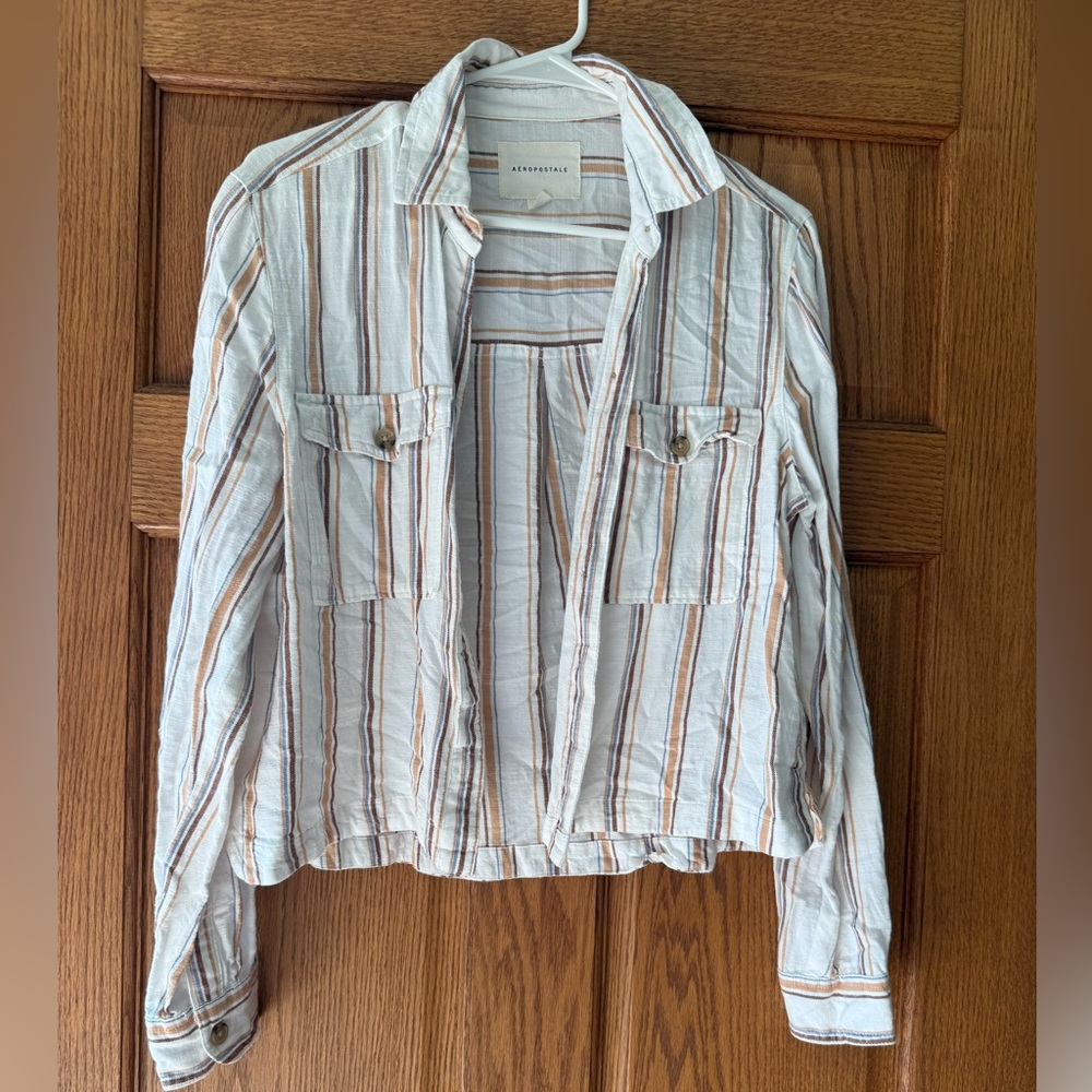 Aeropostale Striped Button Down Shirt - White and Brown